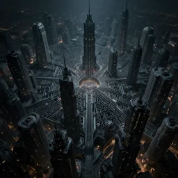 megacity, hive city, futuristic dystopian endless, intricate, complex, labyrinthine, byzantine, tangled, matte painting, night, gloomy, dark, dramatic, cinematic, volumetric lighting, gods eye view