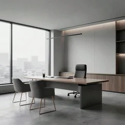 brutalist corporate executive offcie room interior design concept big windows minimalist furnitrue by martyn lawrence bullard design high quality ultra realistic 8 k