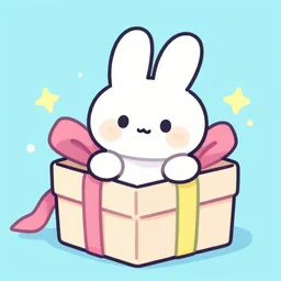 illustration of a cartoonish white rabbit in a gift box present by laura watson, bright colors, pastel colors, highligts