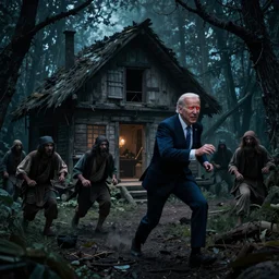 Joe Biden with glowing red eyes is in the Baba Yaha house chasing down terrified peasants in a dark and spooky forest