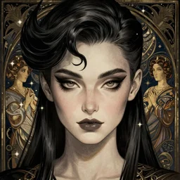 Necromancer Sorceress filled background around face, fantasy magic, undercut hairstyle, dark light night, intricate, elegant, sharp focus, illustration, highly detailed, digital painting, concept art, matte, art by WLOP and Artgerm and Greg Rutkowski and Alphonse Mucha, masterpiece