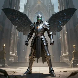 man standing in defensive pose, good anatomy, fantasy knight, magic armor, servant of dark moth, magic eyes, digital art, concept art, simulation, structure, fine, wide angle, natural light, detailed shadows, indirect illumination, scenic light, volumetric, behind is a great church of magic