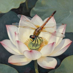 dragonfly on a lotus. decal by award - winning mangaka, intricate details, heavily stylized, muted palette, oil painting