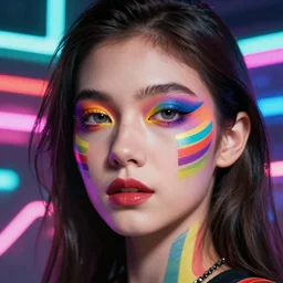 A close-up of a beautiful girl with a surreal makeup full of colors and stripes, octane render, details visible, cyberpunk vibes, neons on the background