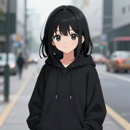black haired girl wearing hoodie, background standing on city street, pixiv ranking