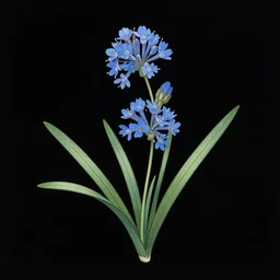 botanical illustration of a blue thin flower and long leaves on a black background