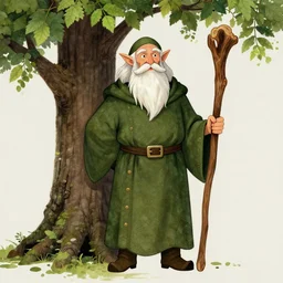 Tree Druid: a classic fantasy druid, elderly, leaves, bark, wooden staff, natural robes, matte painting