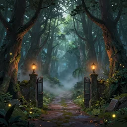a hq artstation, beautiful digital glossy clear sharp of a detailed mystical fantasy illustration concept art colorful forest trees fireflies nd iron gate road pathway fog by james gurney, rolf armstrong, dark constrast 8 k resolution trending on artstation