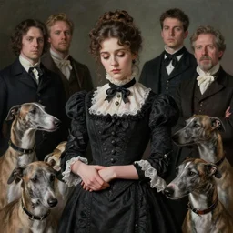 stylized portrait by aykutmakut of an artistic pose, composition, young victorian sad fancy lady, surrounded by greyhounds, cinematic moody colors, realistic shaded, fine details, realistic shaded lighting poster by ilya kuvshinov, magali villeneuve, artgerm, jeremy lipkin and michael garmash and rob rey