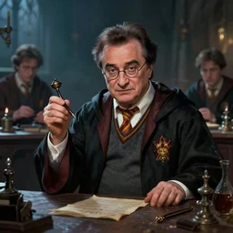 cinematic photo of danny devito as as Harry Potter in a gloomy potions class at hogwarts, fantasy, highly detailed, digital painting, artstation, concept art, sharp focus, illustration, art by Tony Sart and artgerm and randy vargas