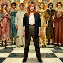 realistic detailed closeup portrait movie shot of a siouxsie standing on a giant checkerboard by denis villeneuve, jean deville, amano, yves tanguy, ernst haeckel, alphonse mucha, max ernst, caravaggio, roger dean, masterpiece, rich moody colours