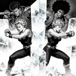 symmetrical scarlett johansson, punching through ice blocks! scenes by david finch and frank frazetta, black and white, afro samurai manga style
