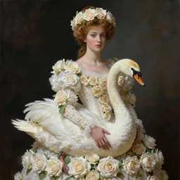 a queen with a decorated dress made of white and cream colored roses holding a swan in her arms, highly detailed, digital painting, trending on artstation , HD quality, by alphonse mucha, dramatic light, octane