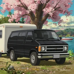 a wholesome animation key shot of one!! focused, black 1 9 8 3 gmc van!!, with a trailer, speed boat on lake, parked beside lake, medium shot, studio ghibli, ( disney animation ), sharp, very detailed, high resolution, rendered in unreal engine 5, anime key art by greg rutkowski, bloom, dramatic lighting