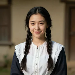 a sadly ((smiling)) black haired, young hungarian village maid from the 19th century who ((looks very similar to Lee Young Ae)) with a two french braids, detailed, portrait by Rembrandt, Csók István and da Vinci