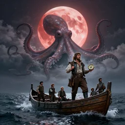 the age of discovery, red moon over stormy ocean, huge clouds in the form of a gigantic octopus, the greatest adventurer standing on a 1 5 th century sampan boat holding a medieval compass, dappled silver lighting, epic, atmospheric, highly detailed, by igor morski, jacek yerka, alexander jansson, james christensen, tomek setowski