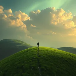 a man standing on top of a lush green field, a detailed matte painting by wlop, cgsociety, fantasy art, reimagined by industrial light and magic, concept art, psychedelic