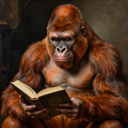 realistic painting of a gorilla reading a book, highly detailed, orange and black color scheme, renaissance era