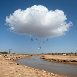 beautiful panorama of many magnificent big upside-down raindrops filling a perfect cloudless blue sky full  above a dried up river, desolate land, dead trees, blue sky, hot and sunny highly-detailed, elegant, dramatic lighting, artstation, 4k, cinematic landscape, masterpiece photograph by Elisabeth Gadd, National Geographic