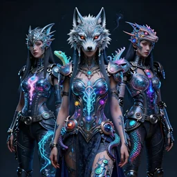 3 d goddess medium shot portrait with hyperdimensional totem implants. beautiful intricately detailed avante garde wolf mask and retrowave sorceress outfit. neon lizards, bio luminescent, water, plasma, creature, artwork by tooth wu and wlop and android jones and beetle and greg rutkowski