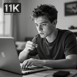 the gigachad watching a video on a laptop, photorealistic, ultra detailed, high resolution, 8 k, black and white