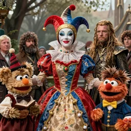 detailed ultrarealistic photography medium shot of fantasy jester queen and furry muppet puppet leyendecker, norman rockwell, ian miller, artstation cinematic, vray game of thrones, lord of the rings, legend ( 1 9 8 5 ), sesame street