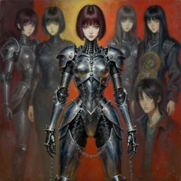 full body girl metal armor cyberpunk hellraiser percing metal chaine painting beautifull face alice otsu no blur by gaston bussiere, greg rutkowski, yoji shinkawa, yoshitaka amano, tsutomu nihei, donato giancola, tim hildebrandt, oil on canvas, trending on artstation, featured on pixiv, cinematic composition, 8 k