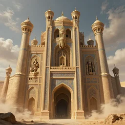 beautiful ornate intricate persian chaos castle in the desert, straight narrow architecture, massive gates, hyperdetailed infrastructure by greg rutkowski and rodney matthews, artstation, epic fantasy atmosphere, clouds, photorealism, uhd
