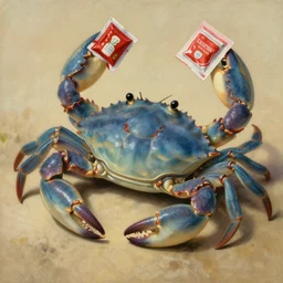 dutch master painting of a blue swimming crab holding ketchup packets in his claws, relaxing, happy, path traced, highly detailed, high quality, digital painting, by studio ghibli and alphonse mucha, beautiful details, soft and warm