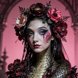 hyperrealistic hyper detailed neo-surreal 35mm portrait of cyborg snake covered in gothic flowers matte painting concept art hannah yata dali very dramatic dark pink lighting low angle hd 8k sharp shallow depth of field