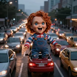 chucky doll stuck in gridlock traffic and screaming