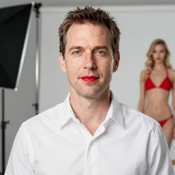 psychologist jordan peterson!, red lipstick, bikini photoshoot, professional background, face and upper body focus