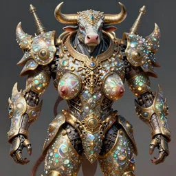 detailed nacreous hard shell anthropomorphic warrior cow mecha with udders. mathias kollros mark winters villeneuve lie setiawan lius lasahido manuel castanon. portrait vivid intricate vibrant elaborate inks unreal engine render.