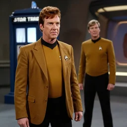 Doctor Who in the role of Captain Kirk in a scene from Star Trek the original series