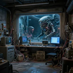 garage, retrofuturism, cluttered, wires everywhere, computer, window, at night, dramatic lighting, alien technology, detailed by simon stalenhag