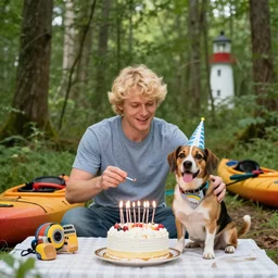 blonde balthazar and his dog okko, celebrating a birthday party in a forest, with music cake and kayaks, with a lighthouse in the background