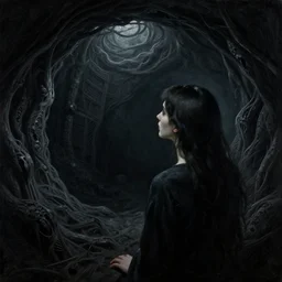 she looks into the abyss, and the abyss looks back at her, painting by beksinski, dark, scary, dramatic lighting, smooth, sharp details, intricate, sad