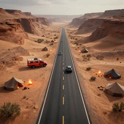 unreal engine scene, road rescue stations in desert valleys, campfires, tents,, trends on artstation, high quality, high detail, path tracking, soft lighting, soft color, digital art, 8 k hdr, octane rendering, unreal engine 5