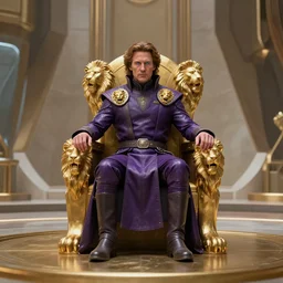 Distant view of subject on a throne, Christopher Walken as Emperor Shaddam IV with blue-eyes-of-ibad, in Dune, wearing futuristic ornate Tyrian-purple regal leather uniform, with two golden-lion-lapels on uniform, sitting on a golden throne shaped like a lion, inside a futuristic cubist hall, Unreal Engine 5, Quixel Megascans, 8k
