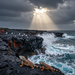 obsidian, lava, seagulls, iguanas, ocean breaking waves