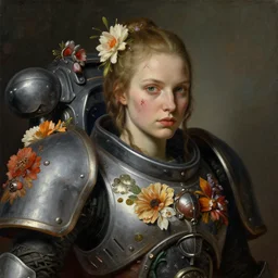 portrait of beautiful young mainem, warhammer, cyber style, a lot of more scars, more and more flowers, the middle ages, highly detailed, artstation, illustration, artgerm sylvari portrait, 8 k quality, painting by georges de la tour, rene magritte, jean delville, max ernst, alfred kubin