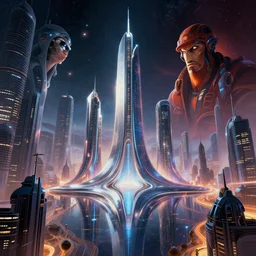 epic professional digital art of space metropolis, cyberpunk, illustration by santiago calatrava and zaha hadid, glowing reflections, octane render, unreal engine, composition by by saul bass and mike mignola, wow it is beautiful