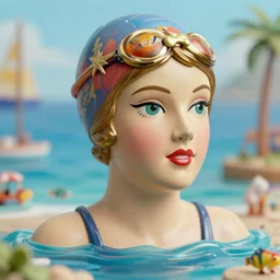 closeup face portrait of a tin toy lady 1 9 2 0 s swimmer at the seaside, nicoletta ceccoli, mark ryden, lostfish, max fleischer, depth of field, detailed and intricate environment, 8 k resolution, hyperrealistic, octane render