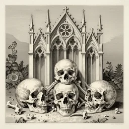memento mori by amano and cameron gray, detailed realistic etching, augustus pugin, gothic, skulls, bones, art nouveau, neogothic, elegant, horizontal symmetry