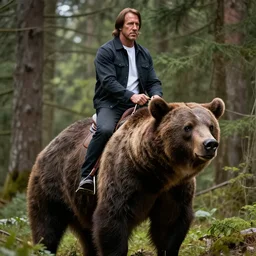photo of chuck norris riding his grizzly bear, in the forest. horror style. highly detailed 8 k. intricate. life - like. soft light. sony a 7 r iv 5 5 mm. award winning photography.
