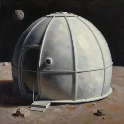 exterior view of a dome habitat on an asteroid in space greg rutkowski paul lehr oil on canvas