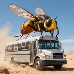giant horsefly monster attacking a silver school bus in the desert, ultra detailed, 8 k, greg rutkowski, artgerm, trending on artstation, award - winning art,