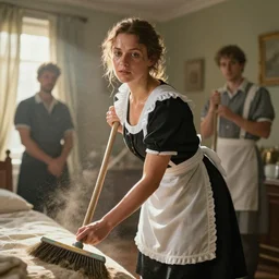 cinematic shot epic portrait an female maid cleaning up a bedroom with a broom, sunny, sweaty wet skin, dust, broad light, ambient occlusion, volumetric light effect, made by ivan aivazovsky, peter mohrbacher, greg rutkowski, matte painting, trending on artstation, 4 k, perfectly defined features, digital painting, cinematic, epic, highly detailed,