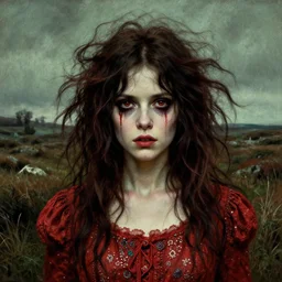 a beautiful but sinister girl who looks like a young shirley henderson in dead space, with haunted eyes and crazy hair, eerie moorlands behind her, horrifying, 1 9 7 0 s, seventies, delicate embellishments, a little blood, crimson, painterly, offset printing technique, by jules bastien - lepage