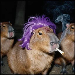 3 5 mm film photo of capybara smoking a joint with a purple wig